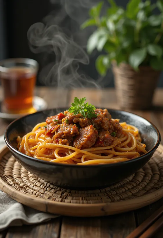 Lagman servido, com massa esticada à mão e ragu de vaca