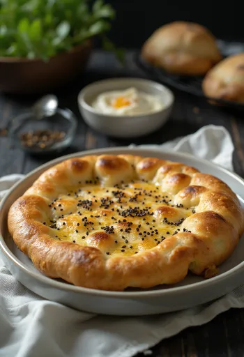 Lepinja com sementes de nigella, pão fresco e estaladiço, com sementes de cominho preto por cima