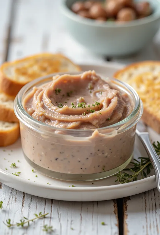 Paté de fígado cremoso barrado em fatias de pão fresco, decorado com ervas.