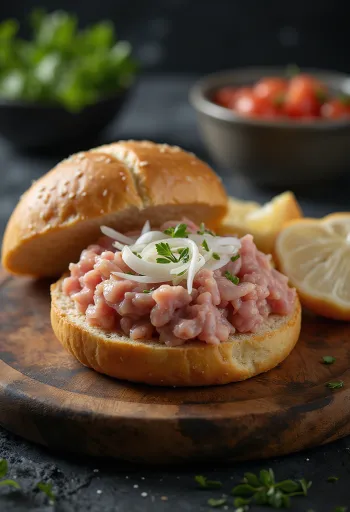 Mettbrötchen, carne de porco crua em pão com cebola