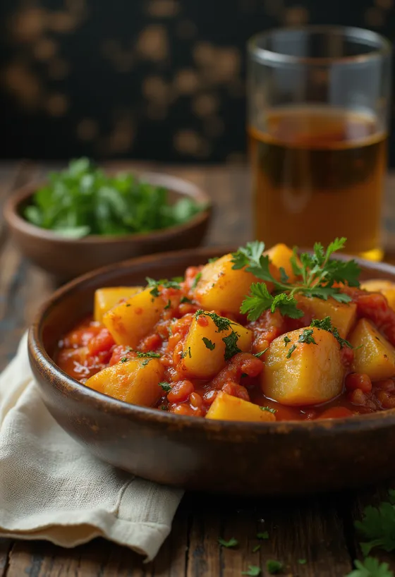 Aloo Tamatar Sabzi numa tigela, decorado com coentros frescos