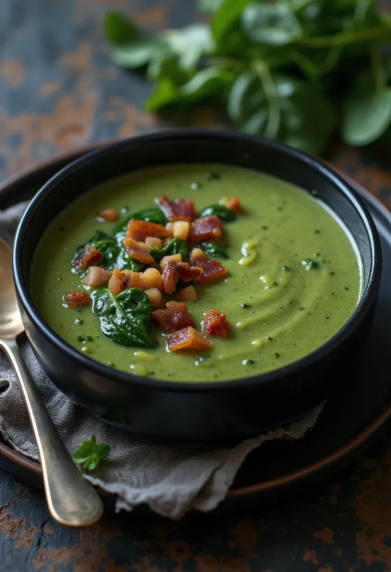 Sopa cremosa de espinafres com bacon servida