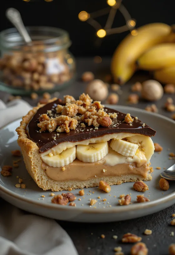 Tarte de banana e amendoim decorada com chocolate e avelãs