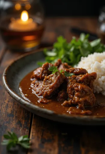 Beef Rendang servido com arroz branco e coentros