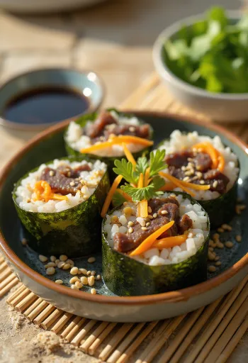 Gimbap de Bulgogi, rolo coreano com bulgogi, vegetais frescos e ovo, decorado com sementes de sésamo