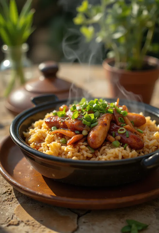 Arroz de panela de barro servido com frango e cogumelos