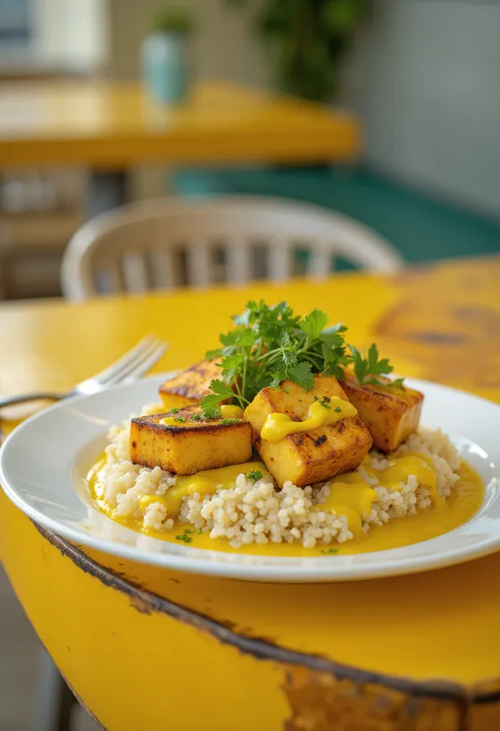 Tofu grelhado e caril de quinoa com tahini servido