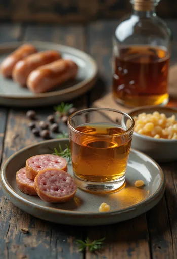Licor de chouriço caseiro em garrafa, ao lado de chouriço fumado e especiarias