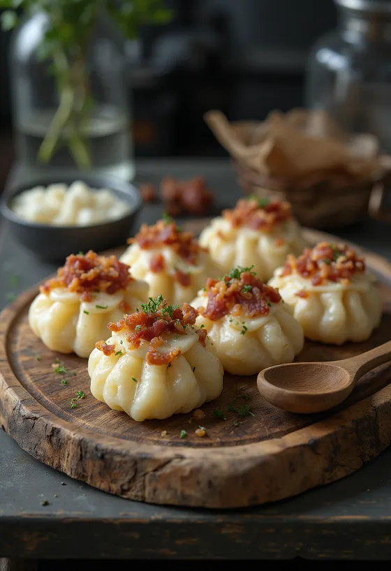 Sztrapacska com queijo de ovelha servida com natas azedas e bacon frito.