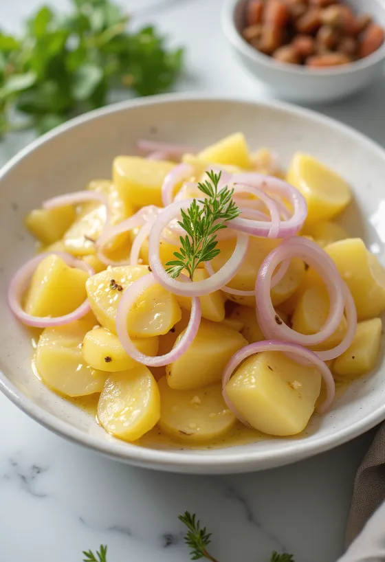 Salada de batata fresca com batata cozida, cebola roxa e salsa fresca.