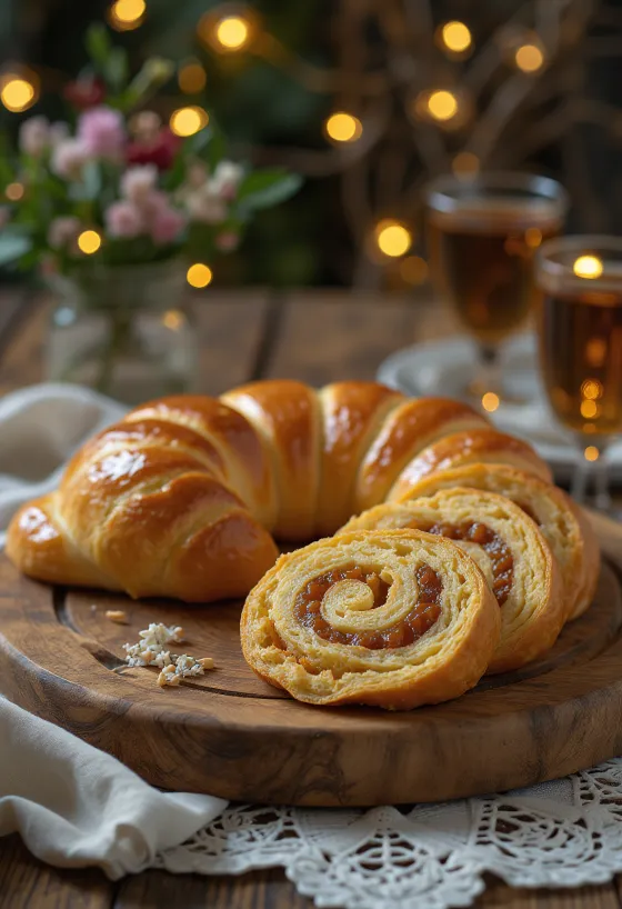 Bejgli de maçapão com crosta dourada e recheio rico