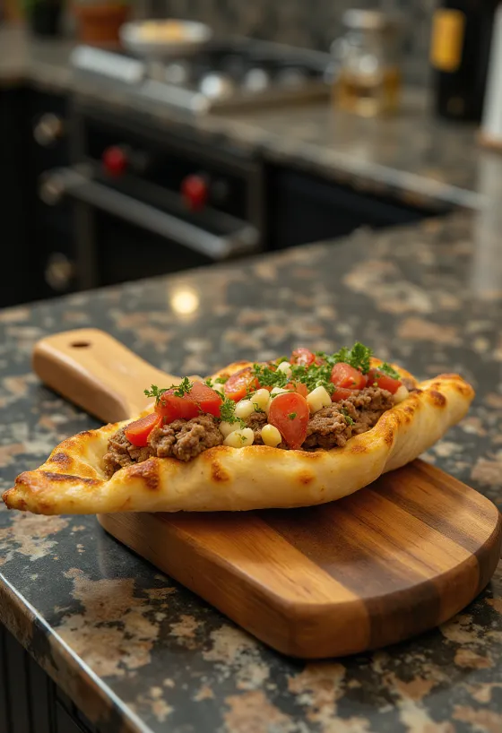 Pide pão achatado turco recheado com carne picada e queijo, assado crocante, servido com salada