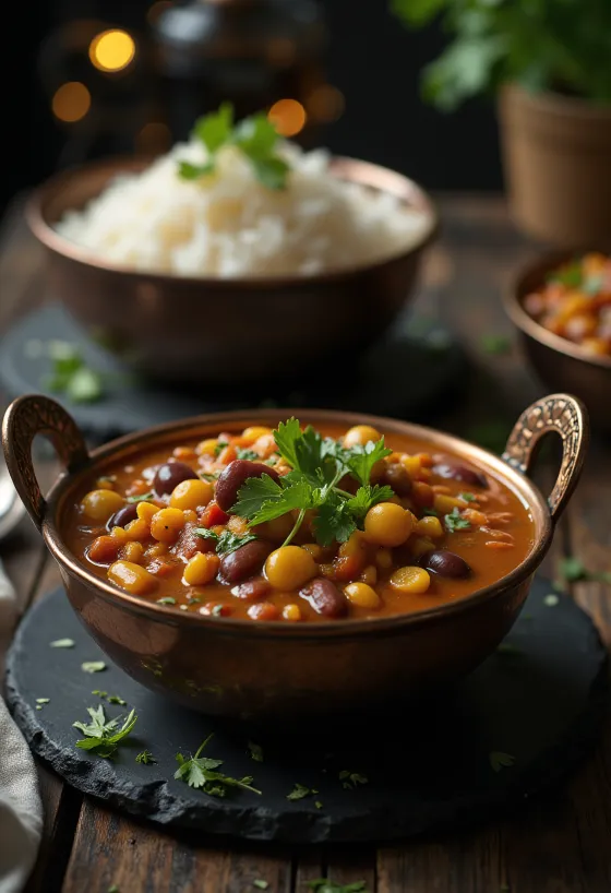 Rajma Dal servido com folhas de coentros frescos, rico prato de feijão picante