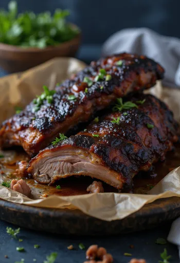 Smoked buffalo ribs servido numa travessa rústica com molho barbecue.