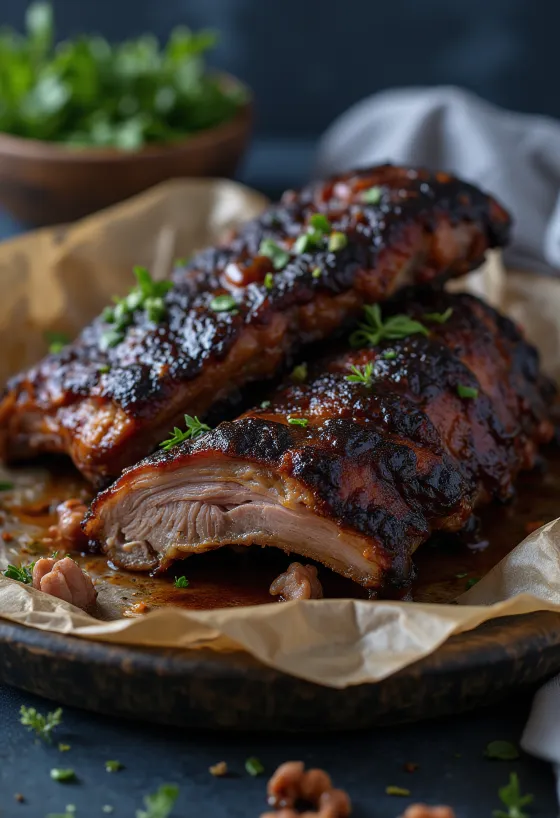 Smoked buffalo ribs servido numa travessa rústica com molho barbecue.