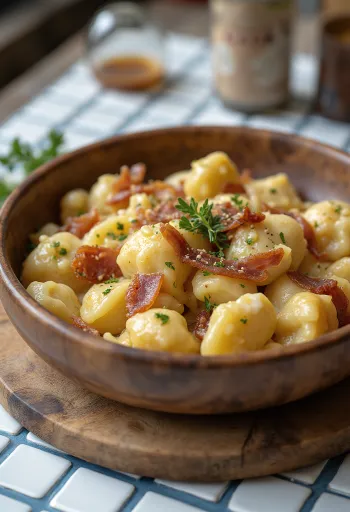 Sztrapacska com queijo de ovelha e cubos de bacon fritos estaladiços