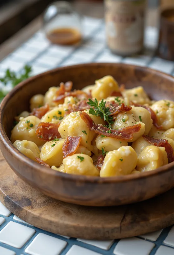Sztrapacska com queijo de ovelha e cubos de bacon fritos estaladiços