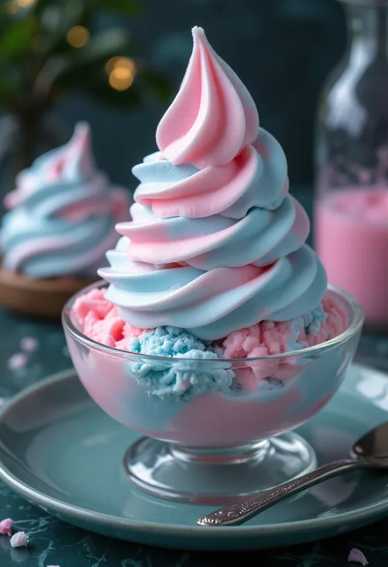 Gelado Cotton Candy servido com camadas rosa e azul