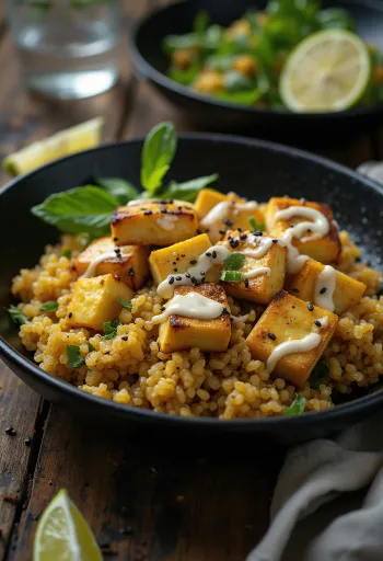 Wok de tofu e quinoa com molho de caril e tahini servido