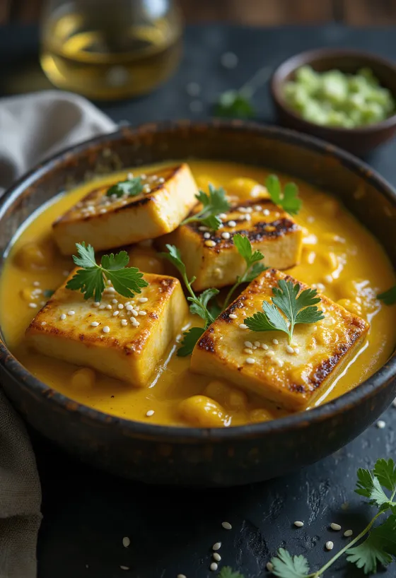 Tofu grelhado com caril de tahini