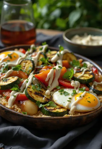 Legumes grelhados com molho tahini, decorados com salsa