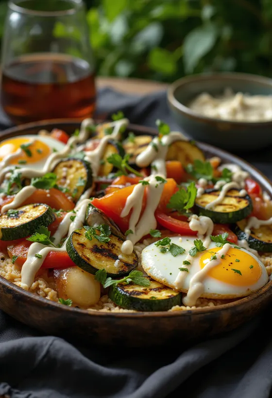 Legumes grelhados com molho tahini, decorados com salsa