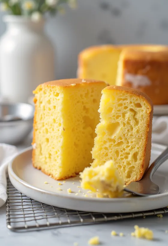 Pão de ló caseiro cortado em fatias, com topo dourado