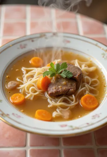 Caldo de carne servido com legumes frescos e massa