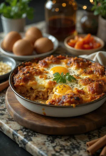 Moussaka condimentada, com camadas de carne e requeijão