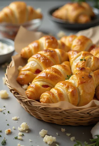 Croissant de pizza acabado de fazer com queijo derretido e recheio de tomate, servido numa travessa.