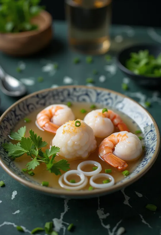 Tangyuan de camarão, bolas de camarão com recheio suculento, servido com coentros e cebolinho