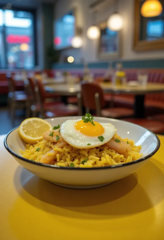 Smoked haddock kedgeree servido numa tigela com ovos e salsa.
