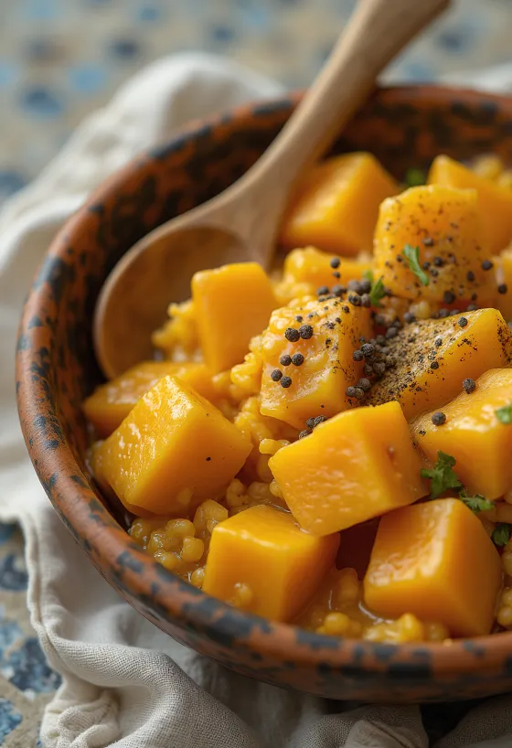 Caril de abóbora com batata-doce servido