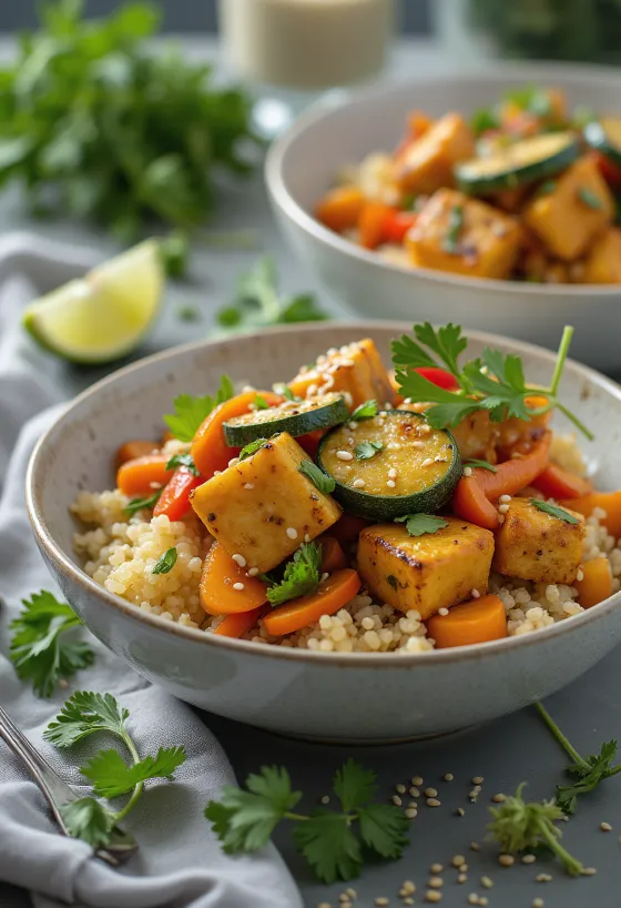 Wok de tofu grelhado com base de quinoa e caril
