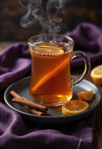Bebida Hot Toddy decorada com pau de canela e rodela de limão
