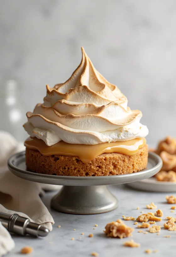 Bolo de caramelo e merengue com merengue caramelizado com maçarico