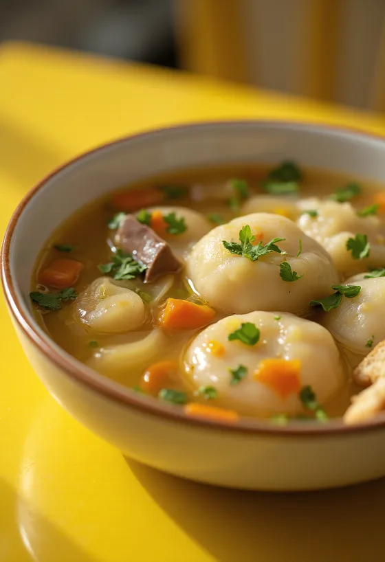 Sopa de galuska de fígado tradicional, servida com legumes e salsa.