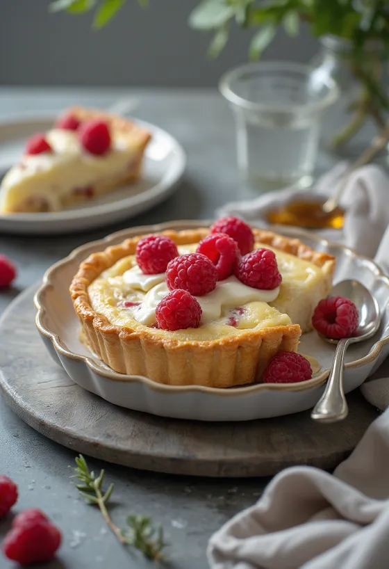 Quiche de framboesa e chocolate branco fatiada e servida