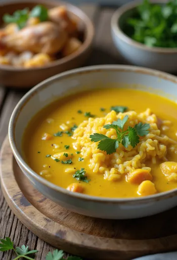 Sopa Mulligatawny com frango servida