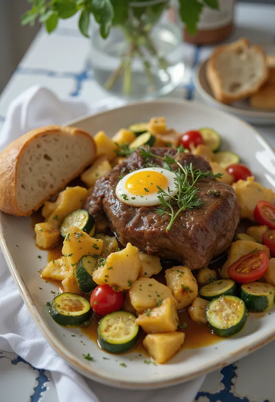Ossobuco de vitela servido com legumes assados rústicos