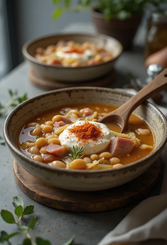 Sopa de feijão com chucrute, carne fumada e ervas frescas