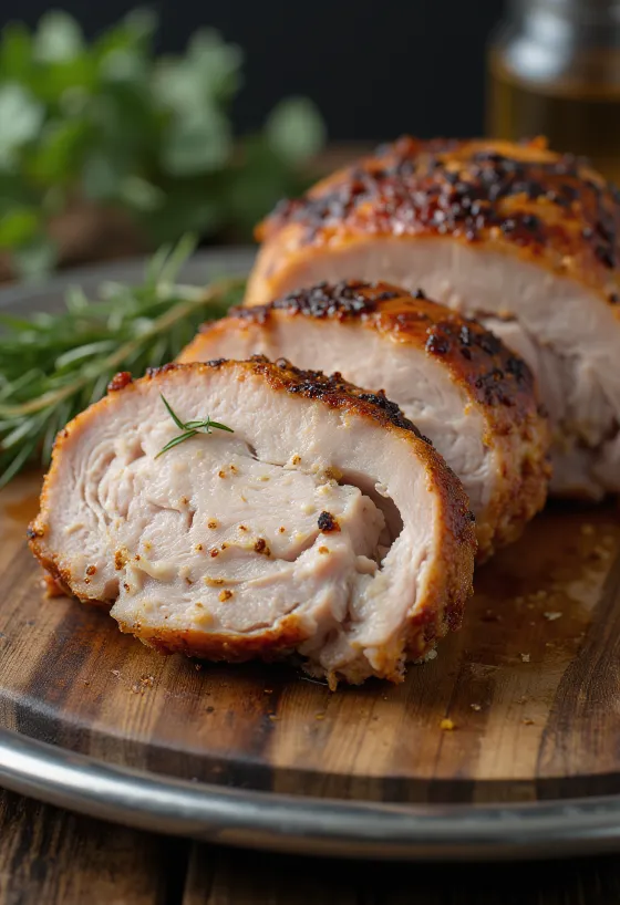 Smoked wild turkey breast servido com vegetais grelhados.