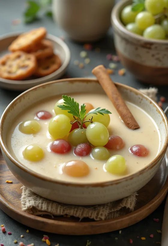 Sopa de uva refrescante decorada com bagos de uva frescos e hortelã