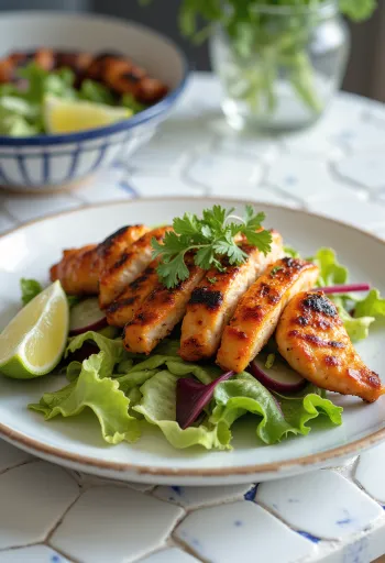 Salada de frango Tandoori, com frango grelhado, pepino e fatias de beterraba