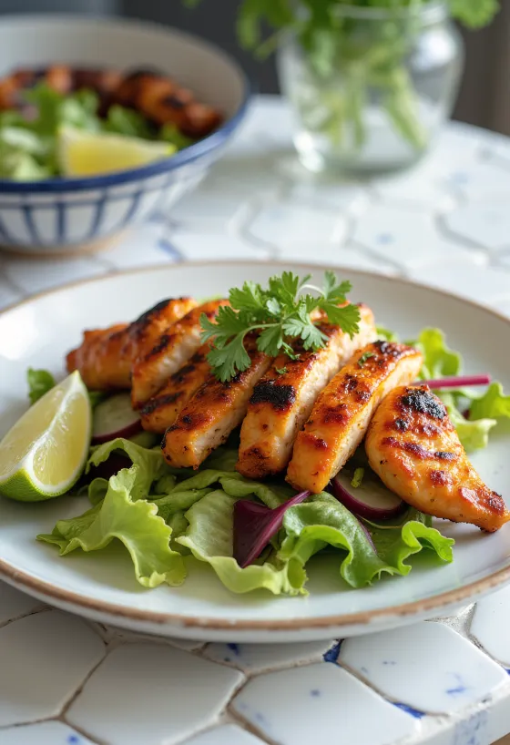 Salada de frango Tandoori, com frango grelhado, pepino e fatias de beterraba