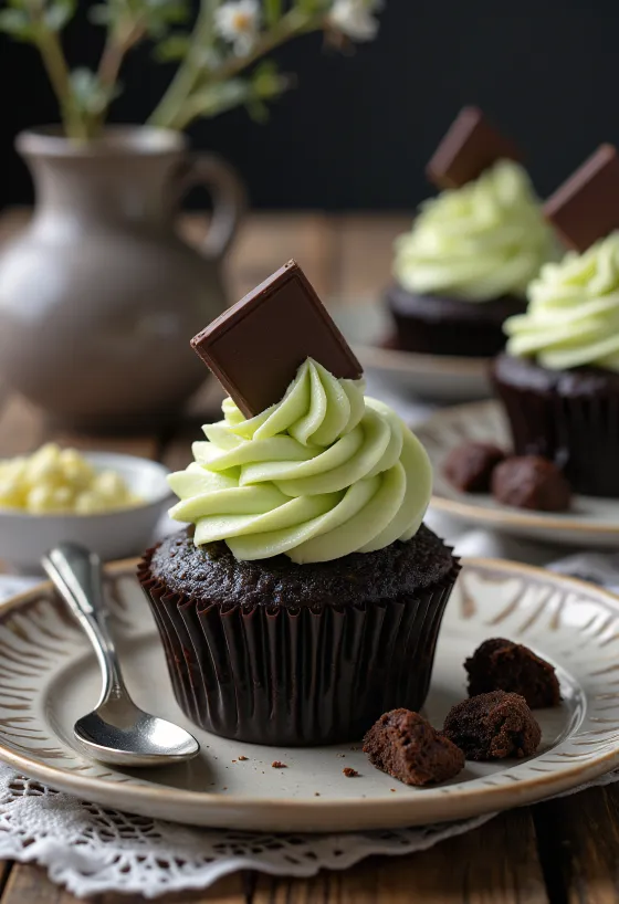 Cupcake after eight servido num suporte de bolos