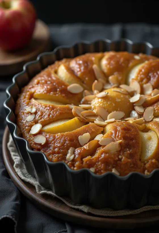 Bolo de maçã e amêndoa com maçã fatiada e camada de farinha de amêndoa