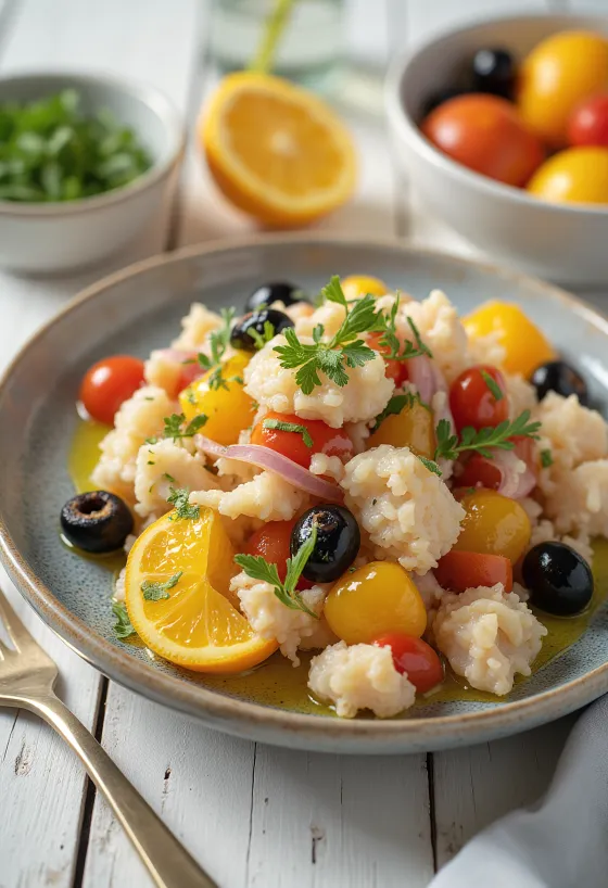 Esqueixada com fatias de laranja, bacalhau fresco, tomate e azeitonas servido