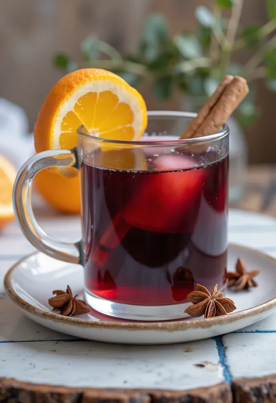 Vinho quente com especiarias e canela em caneca, decorado com pau de canela e rodela de laranja
