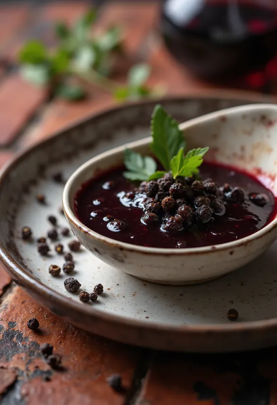 Molho de vinho tinto com pimenta preta servido